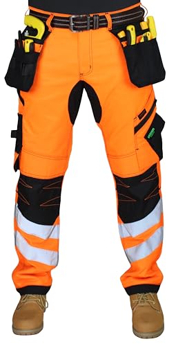 HASHOOB TRADING FZE Pantalon de travail haute visibilité pour homme Multi poche avec bande réfléchissante Cargo Pantalon de travail, Orange, 34W / 30L
