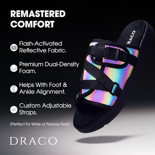 Image of Draco DracoSlides Reflective Slides for Men and Women, Wrapped in Reflective 3M with Adjustable Straps for Wide /Narrow Feet, Sandals with Arch Support & Slip Resistant, Men & Women Footwear, Black