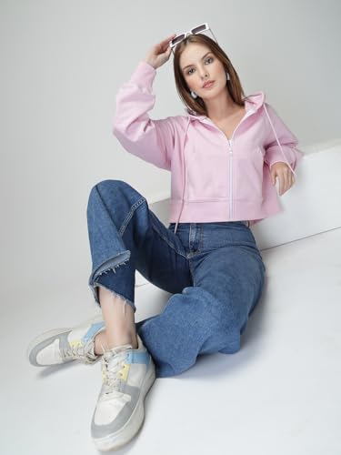 Image of Casual Wear Solid Crop Zipper Jacket Hooded Neck Full Sleeves with Kangaroo Pocket Hoodie for Women