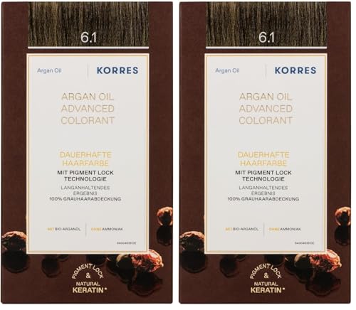 KORRES - Coloration Permanente aux Extraits Végétaux - Couvre 100% des Cheveux Blancs - Sans Ammoniaque, Sans PPD - 6.1 Blond Foncé Cendré (Lot de 2)