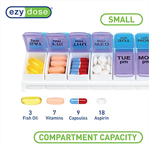 ezy dose weekly 7-day ampm pill organizer vitamin and medicine box small pop-out compartments 2 times a day blue and purple lids