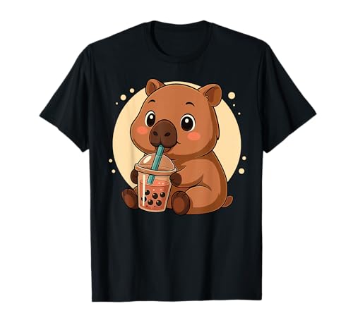 Lindo Capybara Kawaii Anime Bebiendo Té Burbuja Niña Niños Camiseta