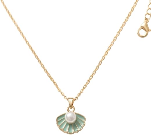 Seashell Pendant Necklace for Women | Summer Beach Jewelry | White Enamel with Pearl | Gold-Tone Chain | Nautical Ocean Theme