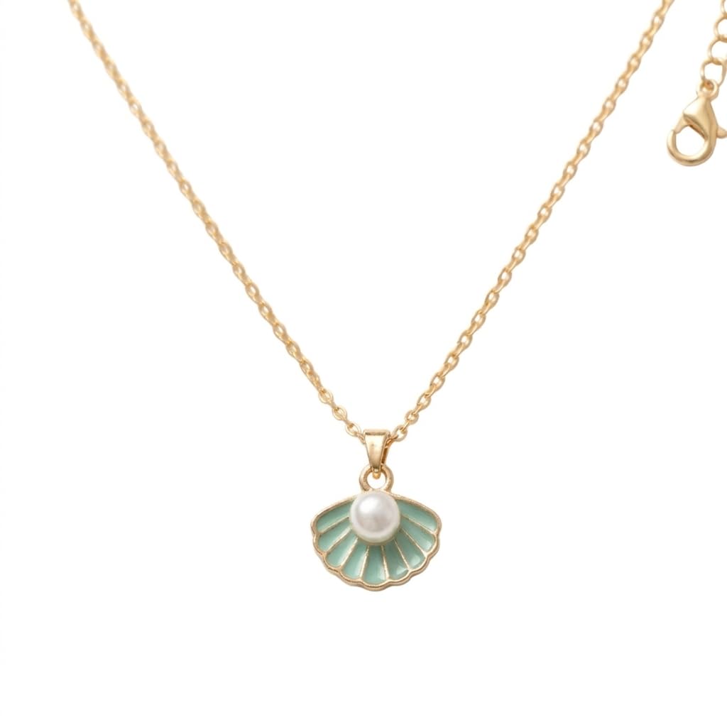 Seashell Pendant Necklace for Women | Summer Beach Jewelry | White Enamel with Pearl | Gold-Tone Chain | Nautical Ocean Theme