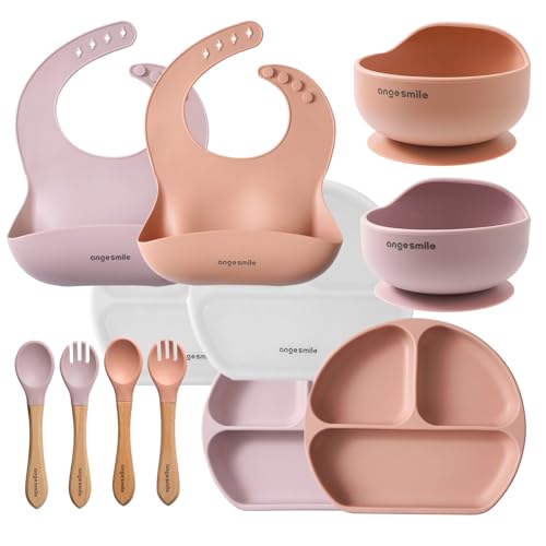 Image of Baby Feeding Essentials Silicone Ange Smile 12 Set Bib, Baby Bowl, Suction Plate, Spoon, Fork Eating Utensils for 6+ Months Kids Toddler Kawaii Pink Peach