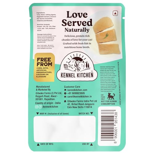 Image of Kennel Kitchen Grain Free Wet Cat Food for Adults and Kittens, Tuna in Jelly, Gravy Pet Food for Cats No Artificial Flavors, Colors or Preservatives 4 Pouches (4 x 80 GMS)