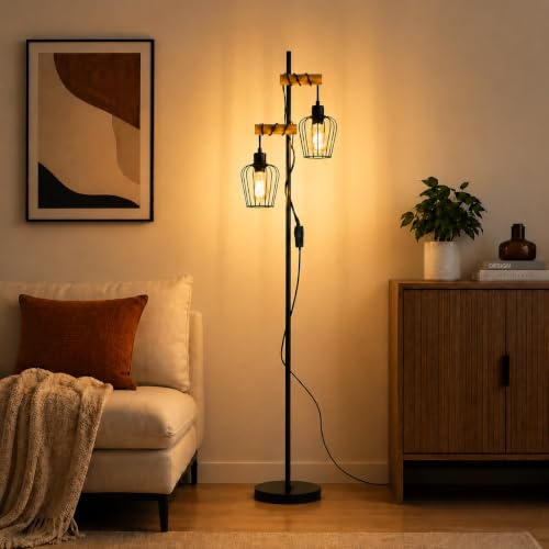 ZMH Stehlampe Wohnzimmer Holz Stehleuchte Schwarz - Vintage Wohnzimmerlampe stehend im Industrial Design Metall Standleuchte 2 flammig E27 Fassung 151cm Standlampe für Schlafzimmer (ohne Leuchtmittel)