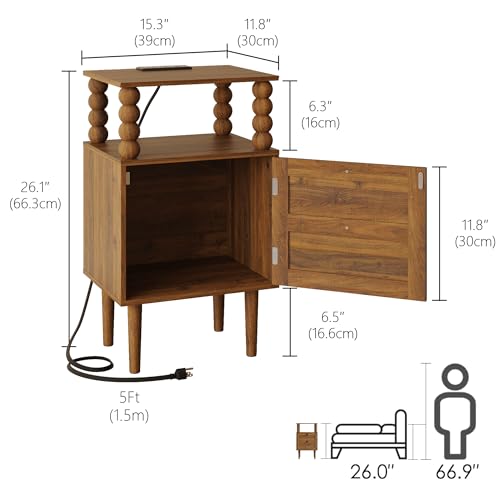 Image of Veegle Nightstand with Charging Station,Retro Bedside Table,Dark Walnut