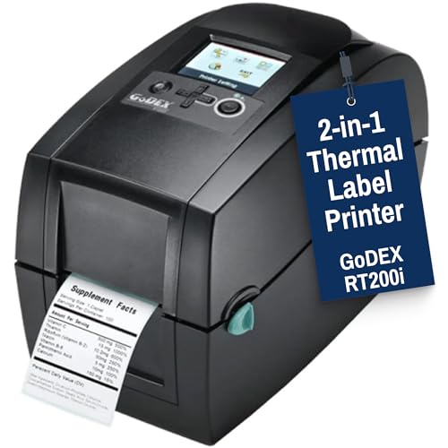 Image of McAuley Labels GoDEX RT200i 2 inch Thermal Transfer Label Printer - 203 DPI Compact Barcode Printer for Product & Asset Labels - USB, Ethernet