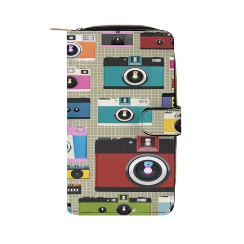 Women Soft PU Leather Wallet, Zipper Card Case Clutch Credit Bills Money Crash Coin 7.8x4.3x1.4 in Holder Purse Print Various Cameras in Retro Vintage Style