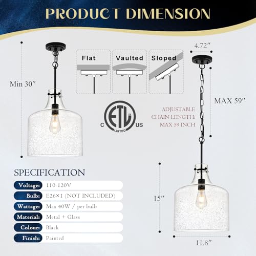 Image of 12 inch Black Seeded Glass Pendant Light, E26 Farmhouse Hanging Light | Black seeded glass pendant light with adjustable chain, E26 socket, ideal for kitchen islands and dining rooms