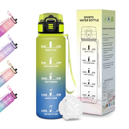 Motswedi Borraccia Bambini, 500ml Senza BPA, Design della serratura a prova di perdite, Borraccia Motivazionale, Con marca temporale, per Scuola, Sport e Trekking - Giallo&Blu