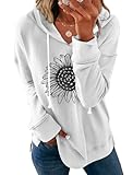 Ovanviso Women Sunflower Graphic Hoodies Long Sleeve Pullover Drawstring Sweatshirt Loose Fit Tunic Tops White Medium