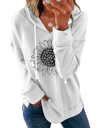 Ovanviso Women Sunflower Graphic Hoodies Long Sleeve Pullover Drawstring Sweatshirt Loose Fit Tunic Tops White Medium