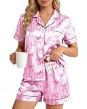BiueLetter Womens Satin Silk Pajamas Set Soft Loungewear Pjs 2 Piece Button Down Short Sleeve Notch Collar Sleepwear