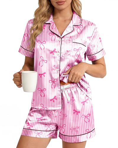 BiueLetter Womens Satin Silk Pajamas Set Soft Loungewear Pjs 2 Piece Button Down Short Sleeve Notch Collar Sleepwear