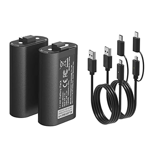 ElecGear Litiumjon Batteri Paket för Xbox Kontroller, 2x 1200mAh Li-ion Uppladdningsbart Batteri Spela och Ladda Kit för Xbox Series X/S, Xbox One, Elite Controller med 2x Data Laddnings USB Kabel