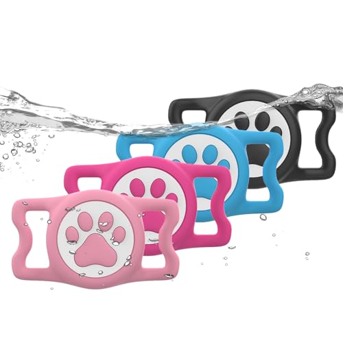 WhoseID IP68 Waterpoof Dog tag Holder, Stretchy Silicone Full Body Covered Apple Tag Holder for Dog Cat Collar Fit All Width Collar (Black/Blue/Pink/Rose, 4 Pack) by WhoseID - Used condition - US$23.74
