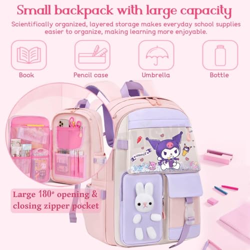 Image of Cute Pastel Contrasting Color Anime Cartoon School Backpack for Girls, Kawaii Large Capacity Bunny Bag, Lightweight Casual Travel Daypack Multi-Compartment Bookbag for Elementary School Kids