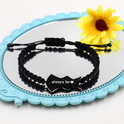 Image of Personalize 3PCS Friendship Bracelets Heart Puzzle Matching Handmade Woven Braided Black Rope Bracelet Set for Best Friends Sisters