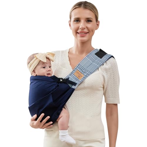 Image of vrbabies Baby Sling Carrier Newborn, Adjustable Easy Wearing Baby Nursing Warp Sling, New Mom Dad Soft Cotton Baby Front Holder Carrier for Infant Toddler Life Travel Essential Gifts(Dark Blue)