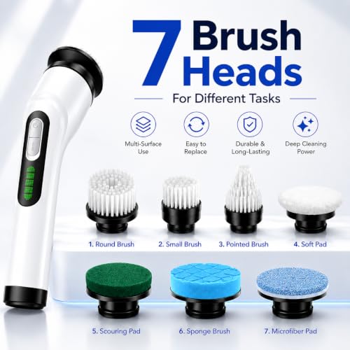 Image of Highyes Electric Spin Scrubber for Bathroom, IPX7 Waterproof Shower Scrubber with Extendable Long Handle, Bathroom Cleaning Scrubber with 7 Reusable Brush Heads (White)