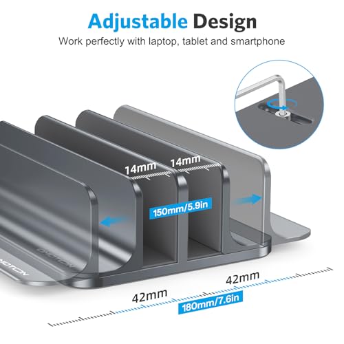 Image of OMOTON Vertical Laptop Stand [Updated Double Version], Desktop Aluminum Mac Book Stand with Adjustable Dock Size, Fits All Mac Book, Surface, Chrome Book and Gaming Laptops (Up to 17.3 inch) (Grey)