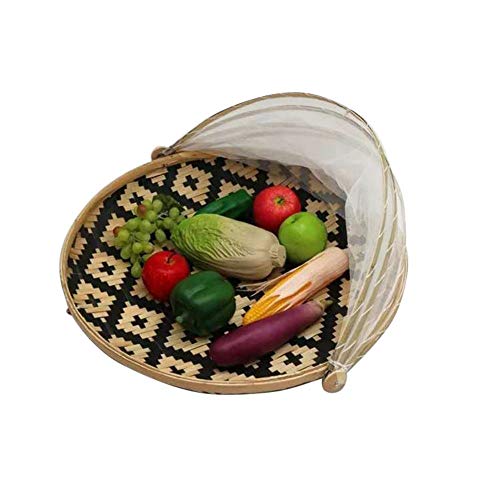 Szetosy, Cestino in bambù intrecciato a mano con copertura in rete, per coprire e servire il cibo, a prova di insetti, antipolvere, per pane, frutta e verdura, Bambù, Stile 4, Dia.30cm