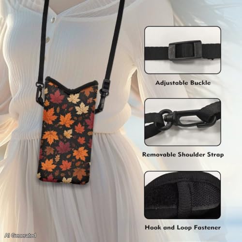 Image of Neoprene Phone Pouch Shockproof Crossbody Phone Purse Mini Bag with Detachable Adjustable Strap Travel Essentials Hands Free, Autumn Fall Maple Leaf Black