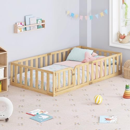Spirich Twin Size Kids Floor Bed Frame with Fence and Door, Solid Wood Montessori Floor Bed for Kids...