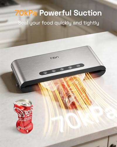 Image of HBN Food Vacuum Sealer Machine, 70kPa Automatic Sealer for Dry & Moist Food, Hands-Free Lid, Stainless Steel, External Cutter & Bag Storage, Includes 1 Roll & 20 Bags