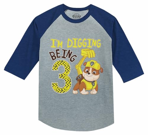Image of Tstars Paw Patrol Rubble 3rd Birthday Baseball Tee Toddler Boy 3 /4 | Soft raglan Rubble digging tee for turning three; great for 3rd birthday, construction party, photo gift