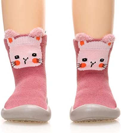 SeeyAN Baby Toddlers Moccasins Anti-Slip Fuzzy Floor Breathable Thick Kids Boys Girls Indoor Outdoor Winter Warm Shoes Socks (Pink Cat, Insole :5.3 Inch)