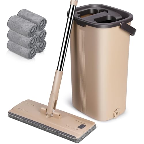 MASTERTOP Mop and Bucket, Hands Free Flat Mop and Buckets Sets, Squeeze Floor Mop with Bucket Wringer, Send 6 Wet and Dry Pads, Floor Cleaning System for Hardwood Laminate Tile Walls Baseboards