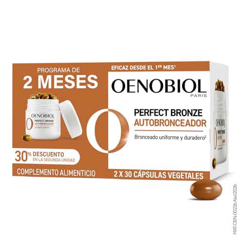 OENOBIOL PERFECT BRONZE DUO Autobronceador - Acelerador Bronceado Corporal y Facial con Protección Solar, Con Astaxantina, Cúrcuma, Licopeno y Luteina - Complemento alimenticio 60 cápsulas