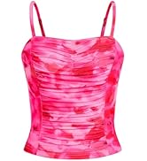 PRETTYGARDEN Womens Floral Spaghetti Strap Tank Tops Square Neck Sleeveless Ruched Mesh Bodycon S...