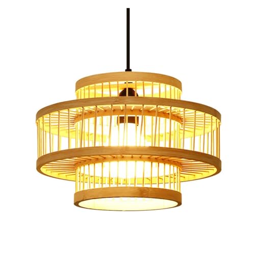 Lustre suspension en bois double couche rotin 48cm pour salle à manger