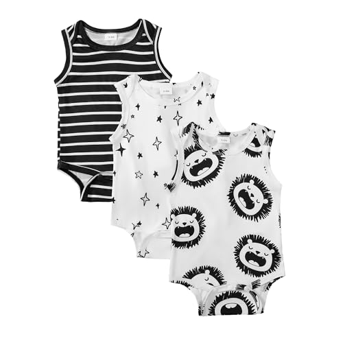 CVXV Unisex Baby Jumpsuit 3 Pcs Sleeveless Funny Prints One-Piece Organic Cotton Bodysuit,Black Stripe,0-3 Months
