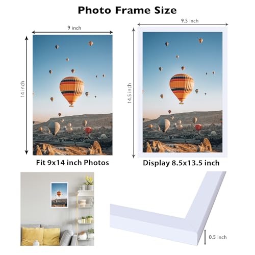 Image of JCJMY 9x14 Picture Frame White for Wall Hanging, Wall Mounting Horizontally or Vertically, 9 x 14 Wall Gallery Poster Photo Frame with Shatter Resistant Plexiglass, White