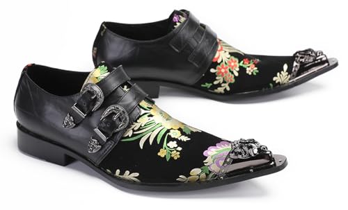 Santimon Men's Metal Tip Toe Loafers-Stylish Mens Dress Slip-Ons for Wedding, Party, Prom-Leather Casual Shoes with Double Buckle and Floral4