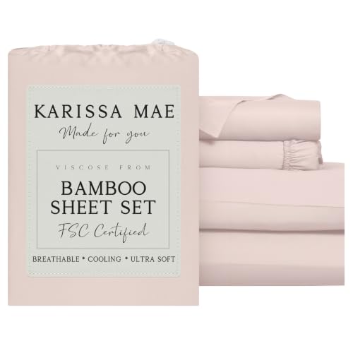 Image of KARISSA MAE Bamboo Viscose 34 inch Split Top King Size Sheet Set, FSC Certified | Single 34 inch Split Fitted Sheet | Sleep Number & Adjustable Bed | Cooling | 18 inch Deep Pocket w / Corner Straps [Pink Peony]