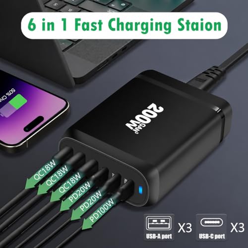 Image of MX 200W GaN USB C Charging Station, 6-Port Desktop Charger with PD 100W Type C Power Supply QC3.0 Fast Charging for MacBook Pro 16 inch /Air, Dell XPS, iPad Pro, iPhone 17 /16 /15, Galaxy S25 /S24