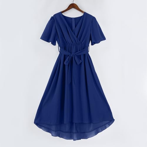 Dresses for Women UK, Women's Floral Print Chiffon A-Line Midi Dress Short Sleeve V Neck Tie Waist Casual Flowy Evening Dresses for Special Occasions Wedding Guest Personalised Gifts,Blue,L,u762k - Image 3