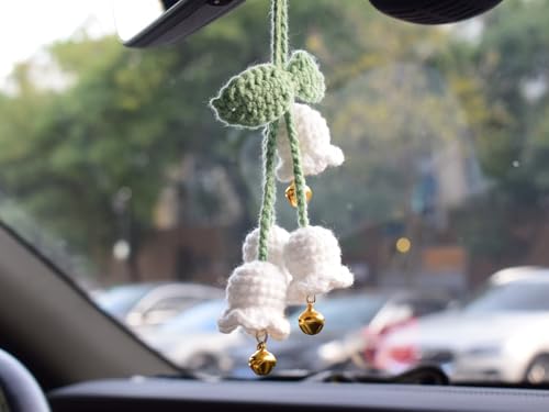 Aiouclay Handmade White Lily of The Valley Car Charm - Knitted Floral Rearview Mirror Pendant & Keychain for Women, Mothers Day Gifts, Home & Auto Decor (Elegant White, Adjustable Length)