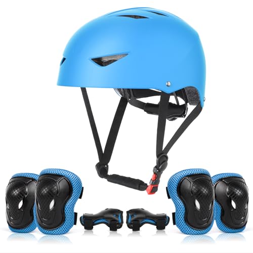 ValueTalks Sets de Protection Enfant Casque Vélo Réglable Coudières Genouillère Protège-Poignets Protections Rollers Velo Skateboard Rollers Skate (Bleu)