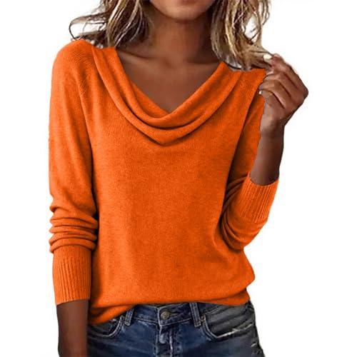 Women's Lightweight Cowl Neck Sweater Long Sleeve Fall Knit Top 2026 Orange - image 2