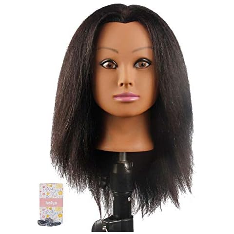 Kalyx African Mannequin Head Real Hair for Cosmetology Manikin Maniquins Hairdresser Practice Training Head Doll Head and Table Clamp Stand(B12) Cover