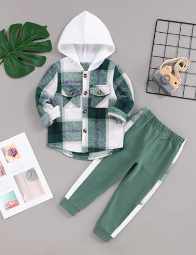 Image of Fuermos Toddler Baby Boys Clothes Flannel Lattice Button Down Hooded Tops +Pants Boys Fall Winter Outfits