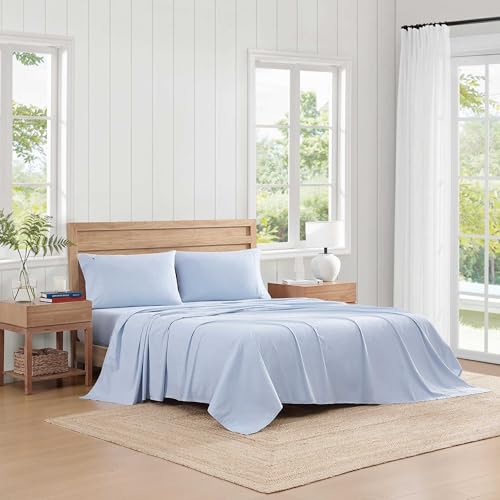 Image of Tommy Hilfiger - Sheet Set, Cotton Percale Bedding with Matching Pillowcases, Crisp & Cool, Solid Home Essentials (Blue, Full)