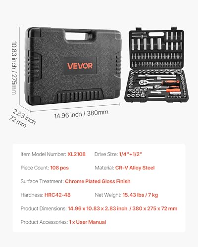 Image of VEVOR Socket Set, 108 Pieces, 1 /4 & 1 /2 inch Drive Socket and Ratchet Set, Metric Size from 4 to 32 mm, Mechanic Tool Kit with Bits, Accessories, Storage Case, CR-V Alloy Steel, for Automotive Repair